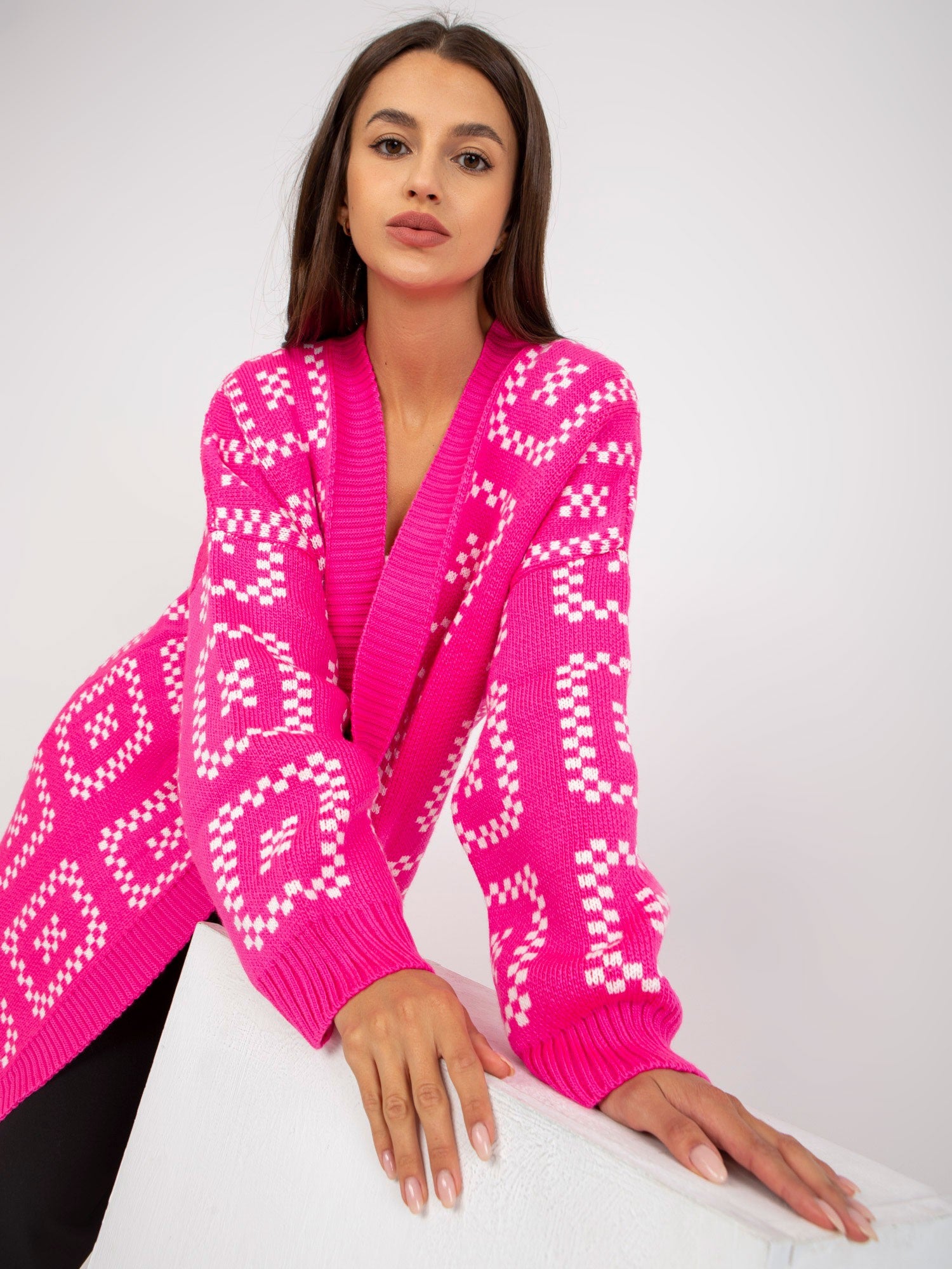Cardigan roz fluo cu model, fără închidere RUE PARIS