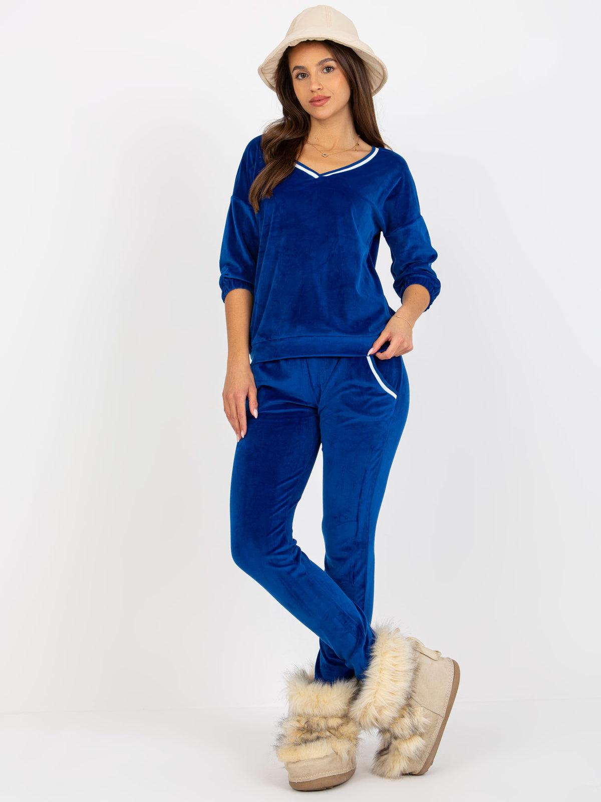 Set din catifea albastru cobalt cu decolteu în V