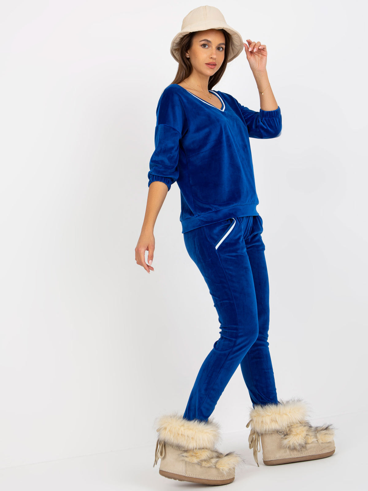 Set din catifea albastru cobalt cu decolteu în V