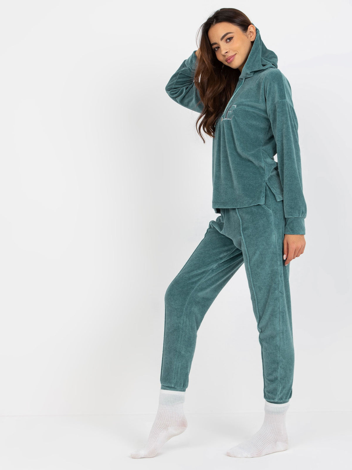 Pijama călduroasă din catifea turcoaz cu inscripții