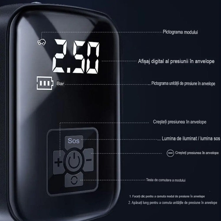 Pompa de Aer Wireless, Flippy, Portabila, 150 PSI, Pentru Anvelope si Mingi, Baterie 2000 mAh, Afisaj Digital, 12.7 x