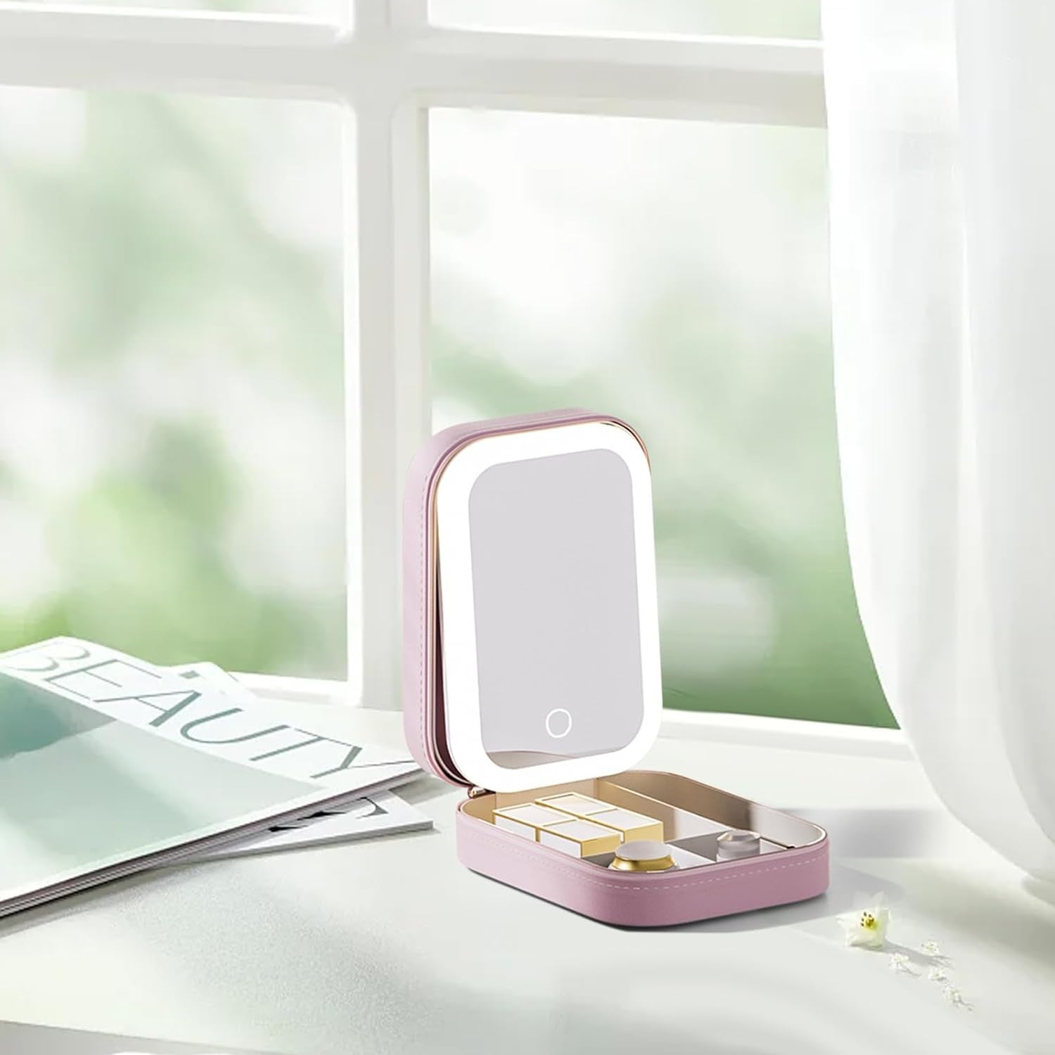 Portfard, Flippy, Geanta Cosmetice, cu Oglinda LED, 3 Moduri de Lumina, Incarcare USB, Baterie 1200 mAh, pentru