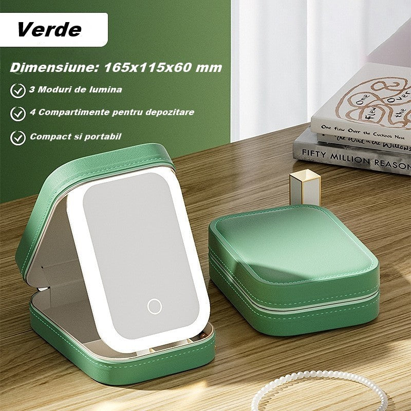 Portfard, Flippy, Geanta Cosmetice, cu Oglinda LED, 3 Moduri de Lumina, Incarcare USB, Baterie 1200 mAh, pentru