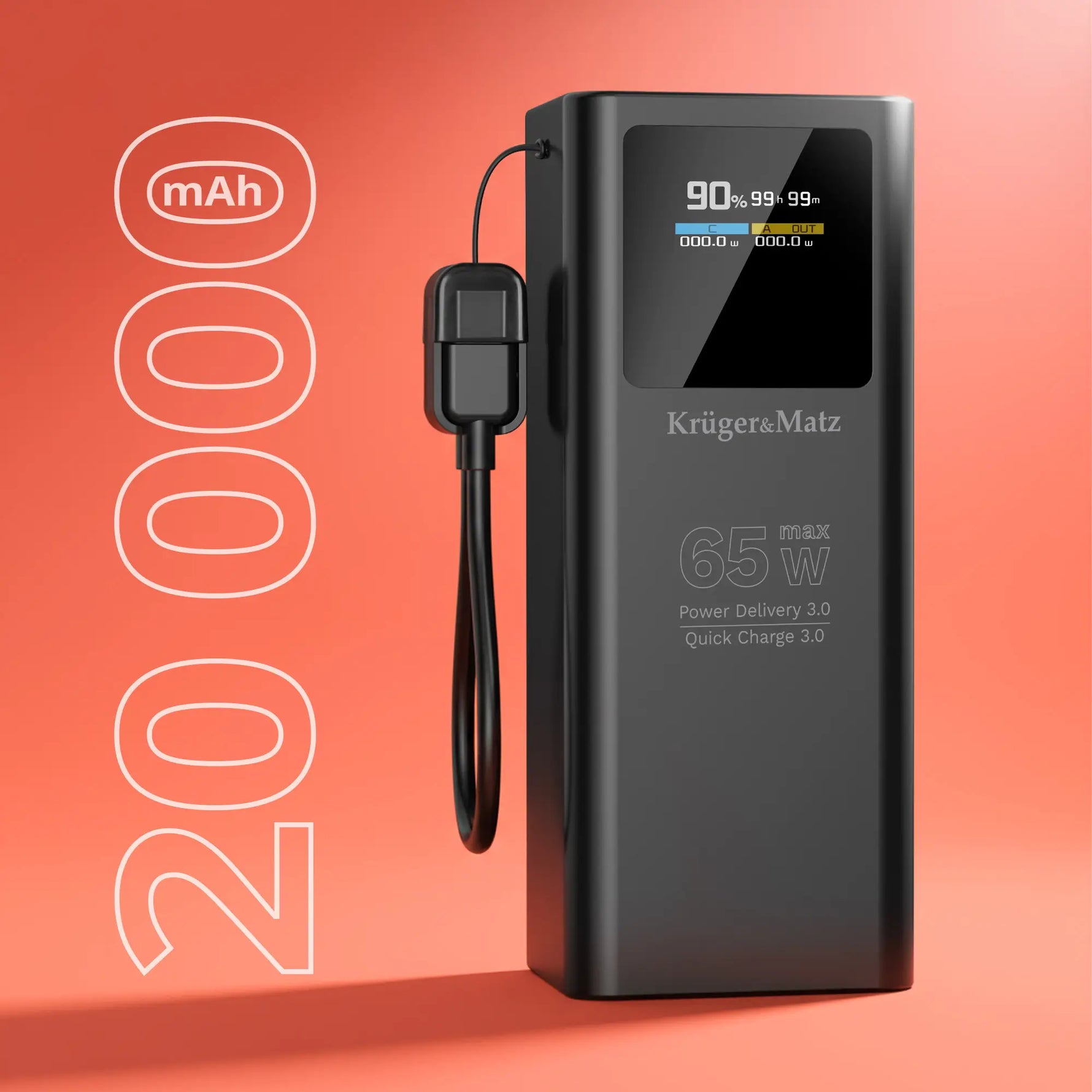 Power Bank 20000mAh 100W QC3.0 PD3.0 USB-C /USB-A Afisaj LCD Kruger&Matz KM0915