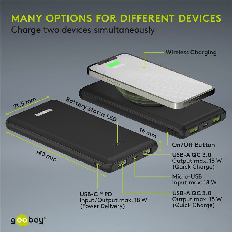 Power Bank acumulator extern wireless 10000mAh USB TYPE C PD QC3.0 Fast Charger Goobay