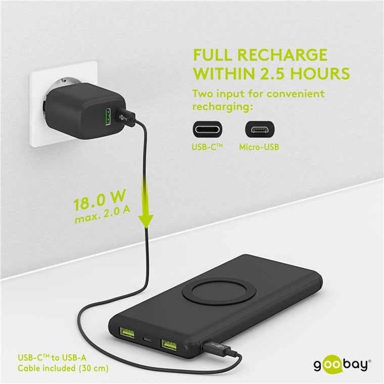 Power Bank acumulator extern wireless 10000mAh USB TYPE C PD QC3.0 Fast Charger Goobay
