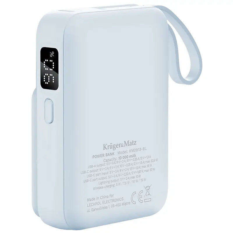 Power Bank inductie Kruger&Matz KM0913-BL 10000mAh Li-ion Mag Safe wireless 15W / USB-C 20W /USB-A 22.5W / Lightning 10W