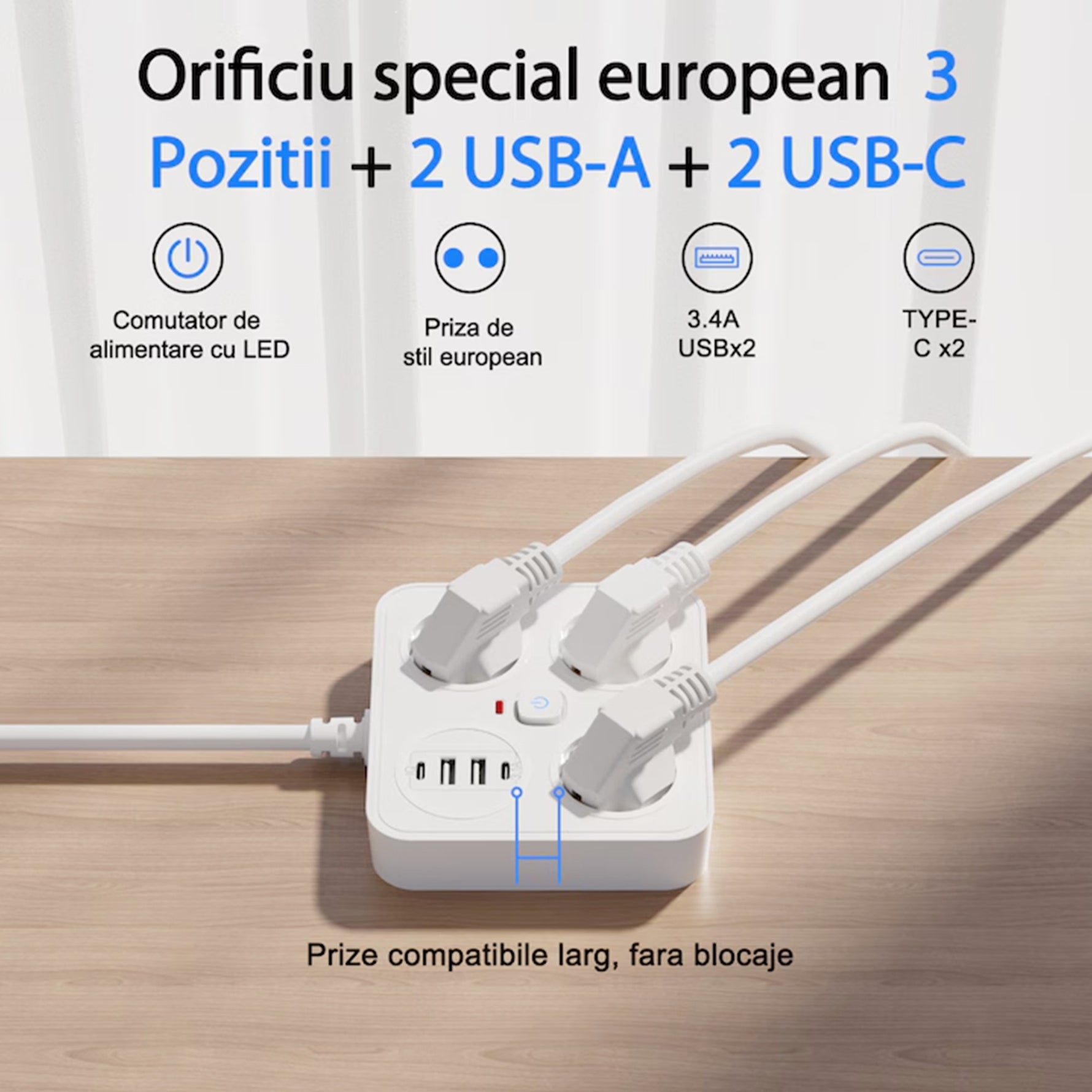 Prelungitor Multifunctional pentru Birou, Flippy, 3 Prize, 2 USB-A, 2 TYPE-C, Suport pentru Telefon, 3250W, Lungime