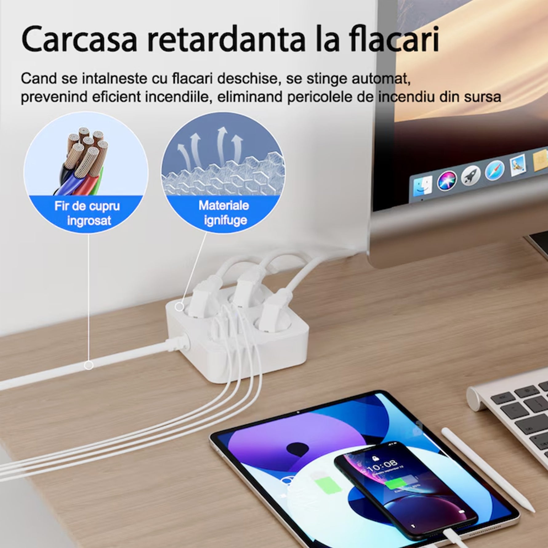 Prelungitor Multifunctional pentru Birou, Flippy, 3 Prize, 2 USB-A, 2 TYPE-C, Suport pentru Telefon, 3250W, Lungime