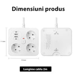 Prelungitor Multifunctional pentru Birou, Flippy, 3 Prize, 2 USB-A, 2 TYPE-C, Suport pentru Telefon, 3250W, Lungime