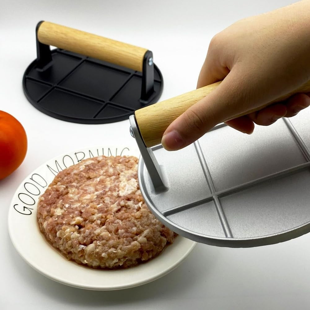 Presa Manuala pentru Carne, Flippy, din Aliaj de Aluminiu, Maner din Lemn, Presa pentru Burgeri, Usor de Curatat si