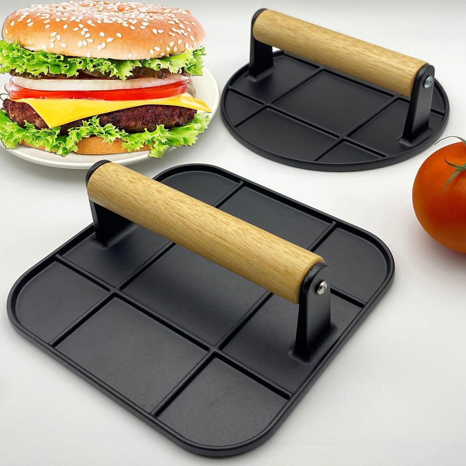 Presa Manuala pentru Carne, Flippy, din Aliaj de Aluminiu, Maner din Lemn, Presa pentru Burgeri, Usor de Curatat si