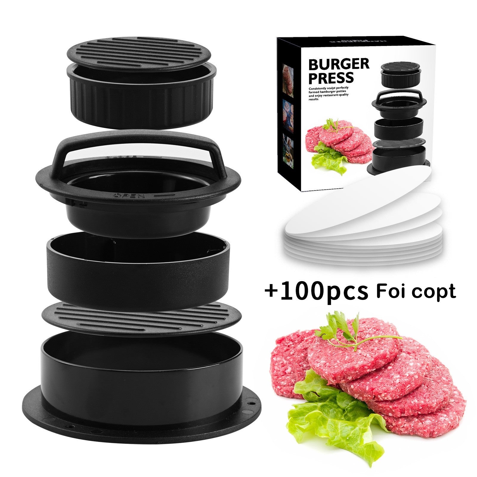 Presa dubla pentru hamburgeri 2 in 1, forma si presa, doua dimensiuni, cu maner, usor de curatat si folosit, material