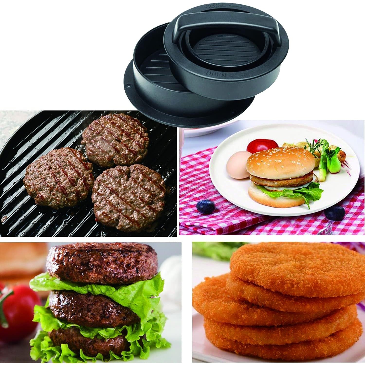Presa dubla pentru hamburgeri 2 in 1, forma si presa, doua dimensiuni, cu maner, usor de curatat si folosit, material