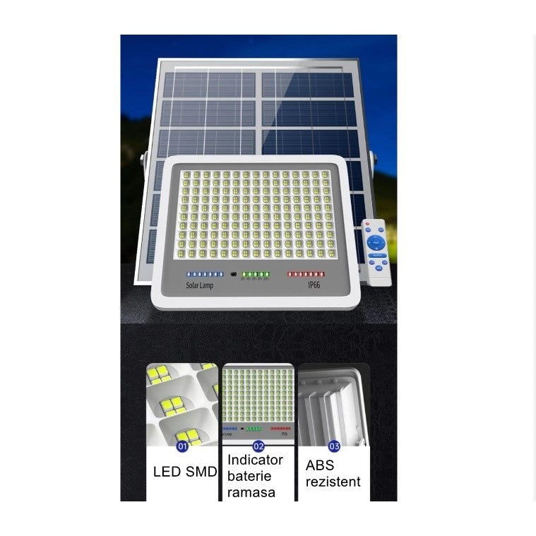 Proiector LED cu Panou Solar Flippy, Senzor lumina, Waterproof, 216 LED-uri incorporate, 100W, 24x19 cm, IP 67, Design