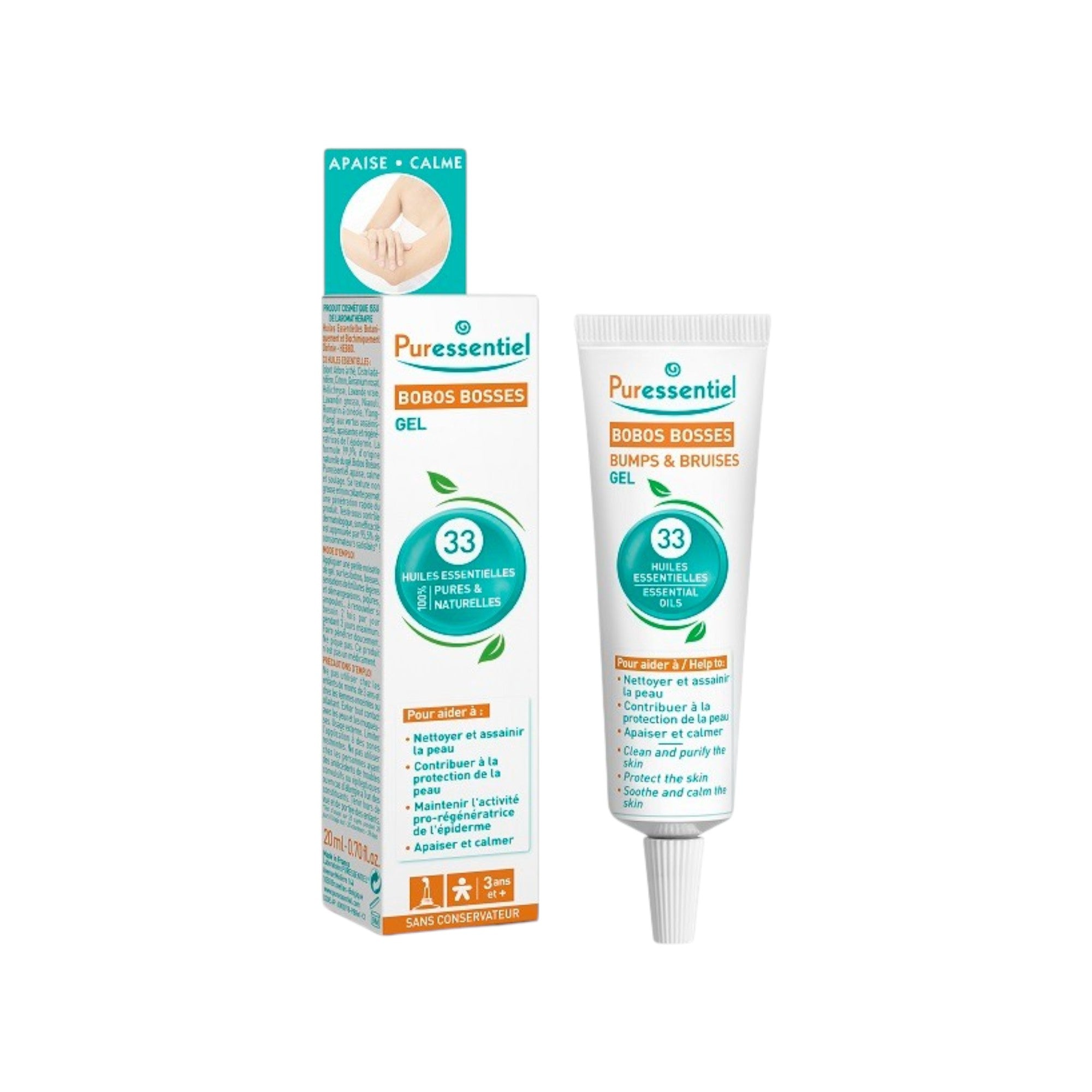 Puressentiel, bobos bosses, uleiuri esențiale, liniștitor și calmant, gel de tratament local, pentru cuunghii și vânătăi, pe tot corpul, 20 ml