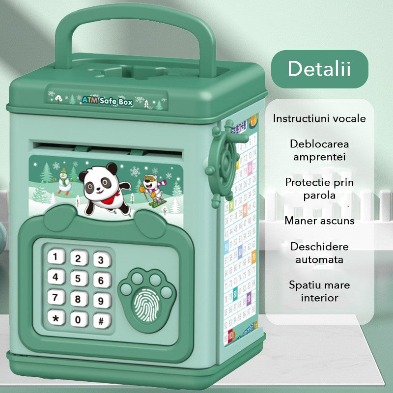 Pusculita pentru Copii, Flippy, pusculita pentru economii SMART BOX cu efecte sonore, Tip ATM, cu Parola cu Amprenta,
