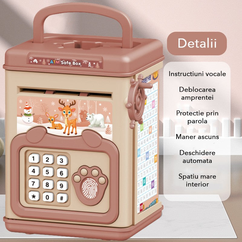 Pusculita pentru Copii, Flippy, pusculita pentru economii SMART BOX cu efecte sonore, Tip ATM, cu Parola cu Amprenta,