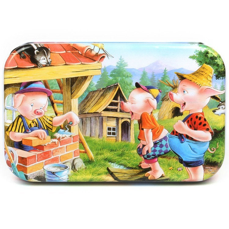 Puzzle 60 de Piese din Lemn in Cutie Metalica, Flippy, Model Cei Trei Purcelusi, Educativ, Dezvoltare Abilitati