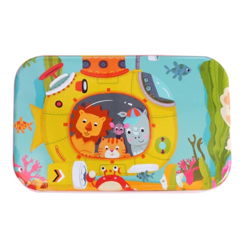 Puzzle 60 de Piese din Lemn in Cutie Metalica, Flippy, Model Submarin, Educativ, Dezvoltare Abilitati Cognitive, pentru