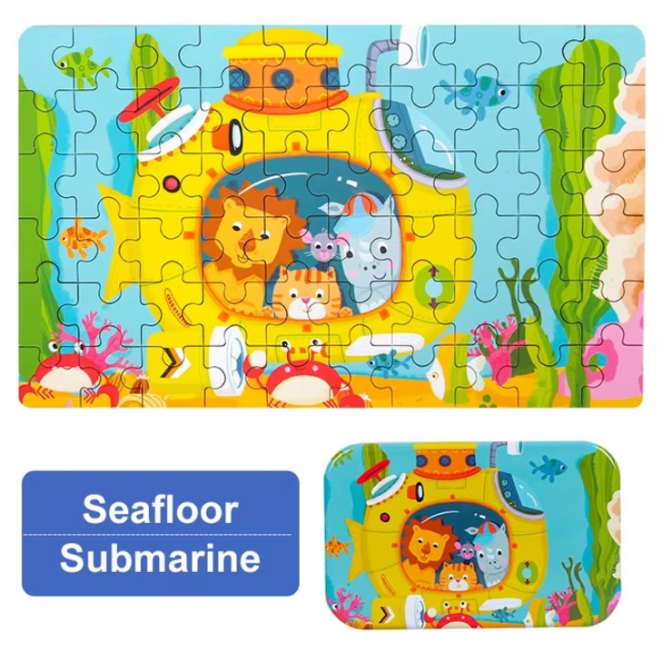 Puzzle 60 de Piese din Lemn in Cutie Metalica, Flippy, Model Submarin, Educativ, Dezvoltare Abilitati Cognitive, pentru
