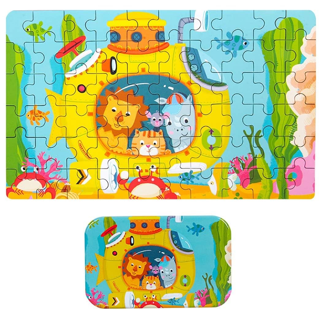 Puzzle 60 de Piese din Lemn in Cutie Metalica, Flippy, Model Submarin, Educativ, Dezvoltare Abilitati Cognitive, pentru