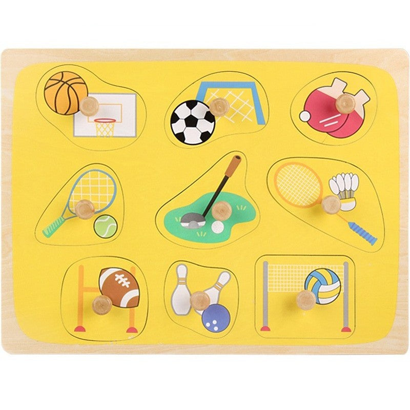 Puzzle Montessori din Lemn pentru Copii, Flippy, 0-3 Ani, 3D, Model Sporturi, Educativ, Intuitiv, Creativ, 9 Piese,