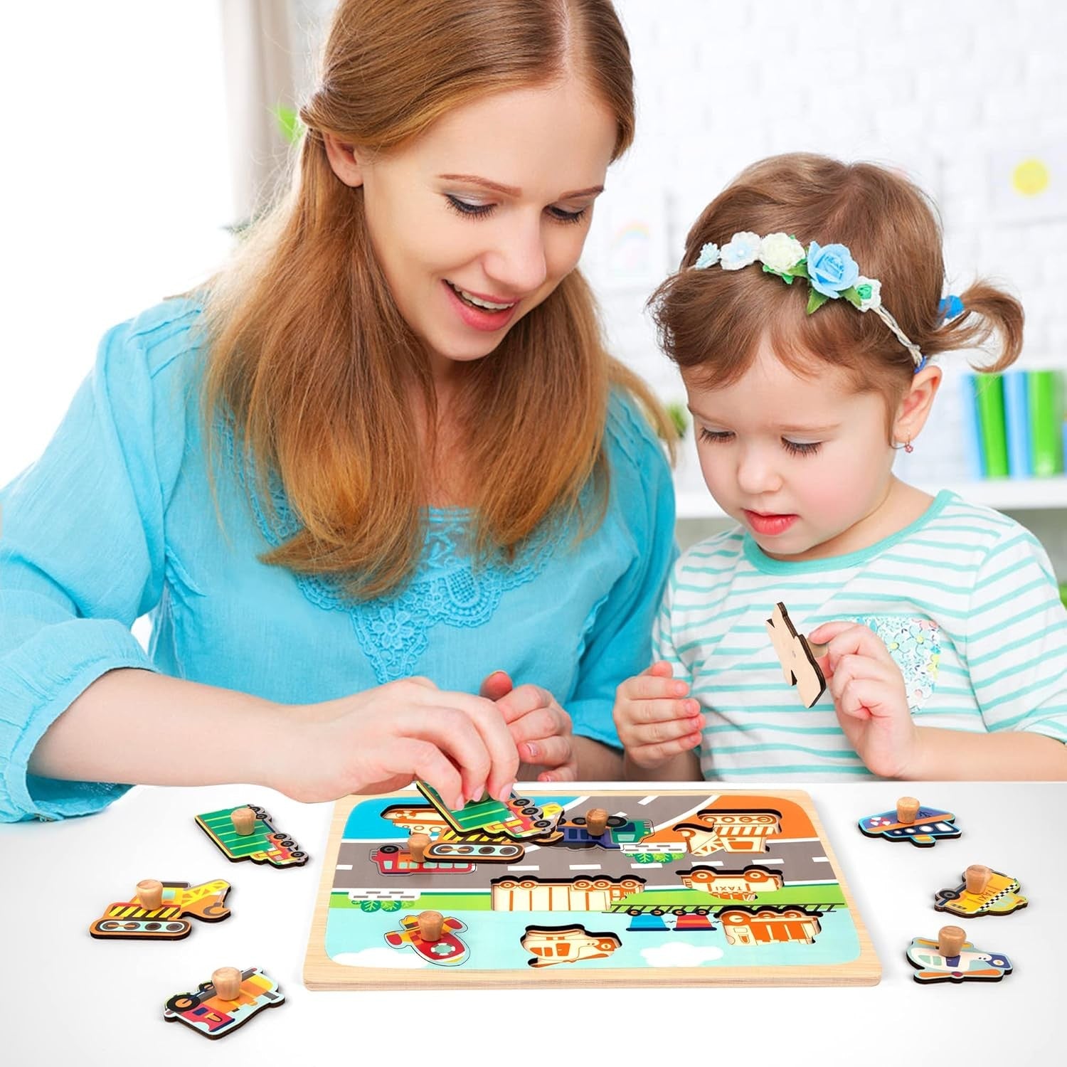Puzzle Montessori din Lemn pentru Copii, Flippy, 0-3 Ani, 3D, Model Transporturi, Educativ, Intuitiv, Creativ, 9 Piese,