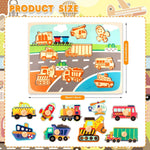Puzzle Montessori din Lemn pentru Copii, Flippy, 0-3 Ani, 3D, Model Transporturi, Educativ, Intuitiv, Creativ, 9 Piese,