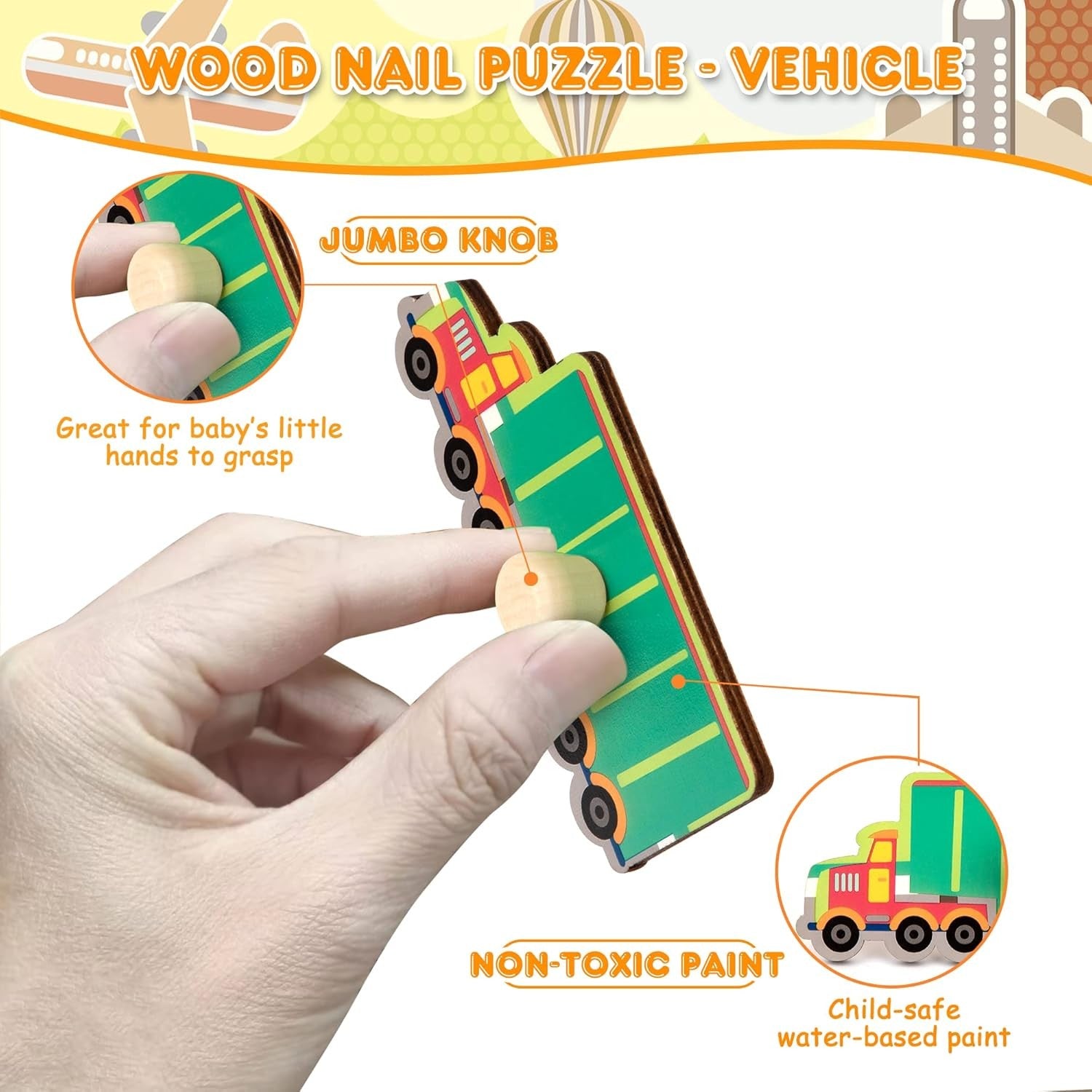 Puzzle Montessori din Lemn pentru Copii, Flippy, 0-3 Ani, 3D, Model Transporturi, Educativ, Intuitiv, Creativ, 9 Piese,