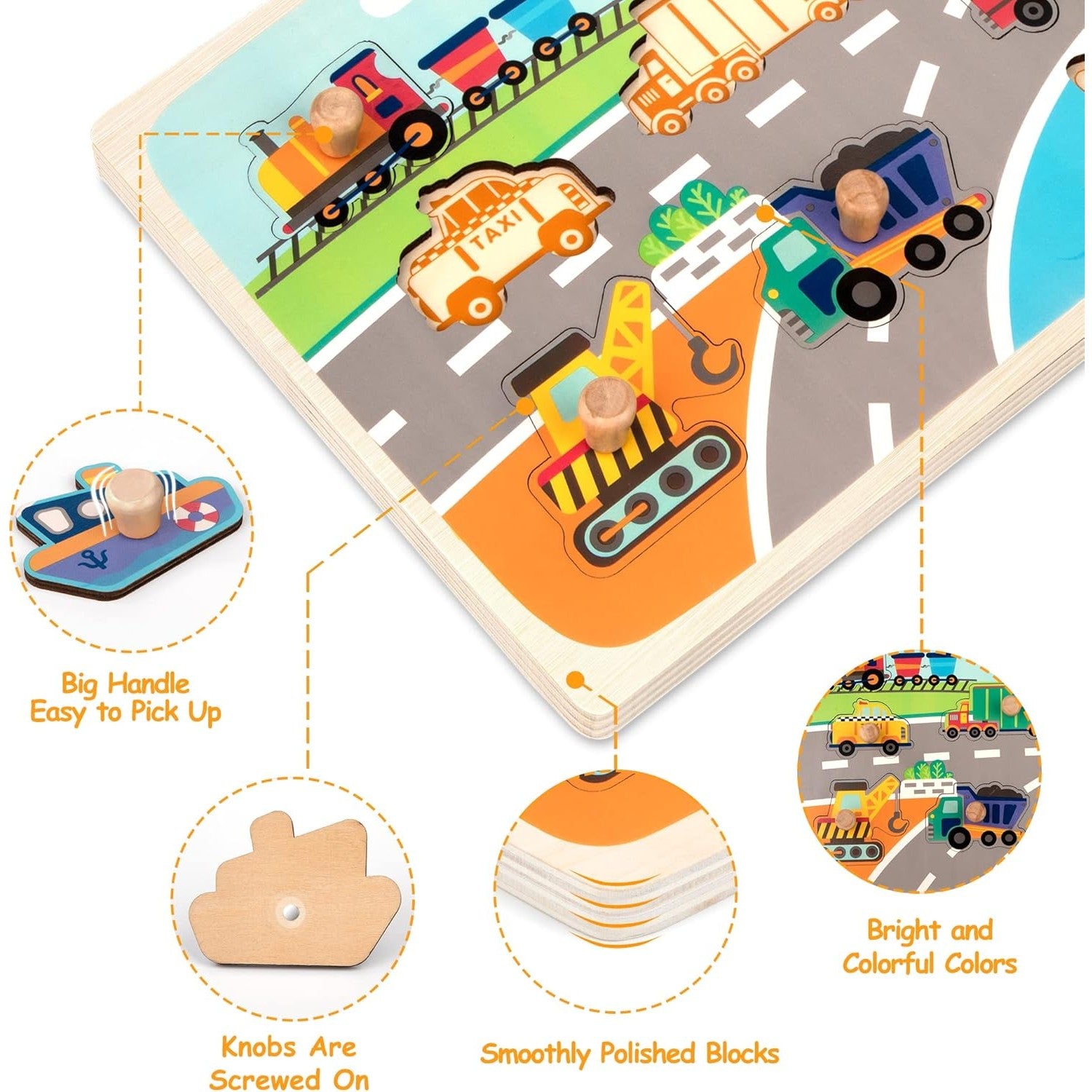 Puzzle Montessori din Lemn pentru Copii, Flippy, 0-3 Ani, 3D, Model Transporturi, Educativ, Intuitiv, Creativ, 9 Piese,