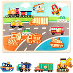 Puzzle Montessori din Lemn pentru Copii, Flippy, 0-3 Ani, 3D, Model Transporturi, Educativ, Intuitiv, Creativ, 9 Piese,