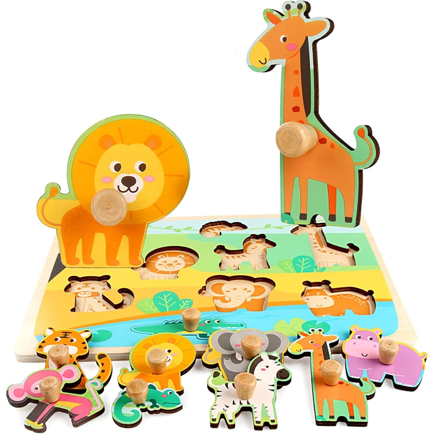Puzzle Montessori din Lemn pentru Copii, Flippy, 0-3 Ani, Model Animale din Jungla, Educativ, Intuitiv, Creativ, 9