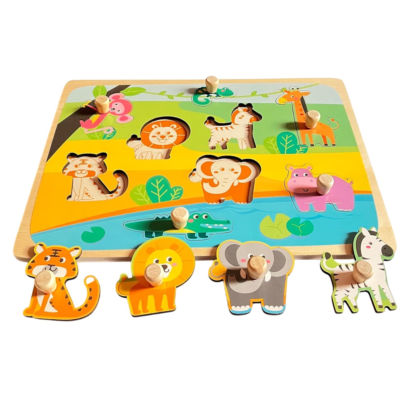 Puzzle Montessori din Lemn pentru Copii, Flippy, 0-3 Ani, Model Animale din Jungla, Educativ, Intuitiv, Creativ, 9