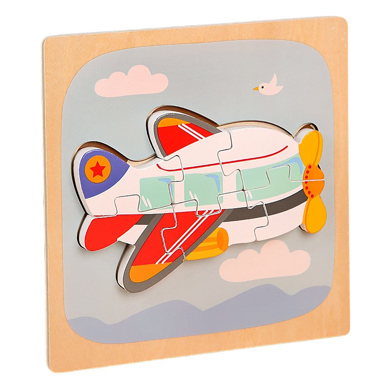 Puzzle Montessori din Lemn pentru Copii, Flippy, 3D, 0-3 Ani, Model Avion, Educativ, Intuitiv, Creativ, 6 Piese,