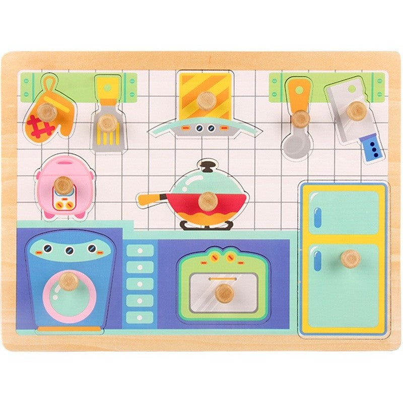 Puzzle Montessori din Lemn pentru Copii, Flippy, 3D, 0-3 Ani, Model Bucatarie, Educativ, Intuitiv, Creativ, 10 Piese,