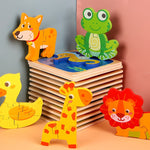 Puzzle Montessori din Lemn pentru Copii, Flippy, 3D, 0-3 Ani, Model Catel, Educativ, Intuitiv, Creativ, 3 Piese,