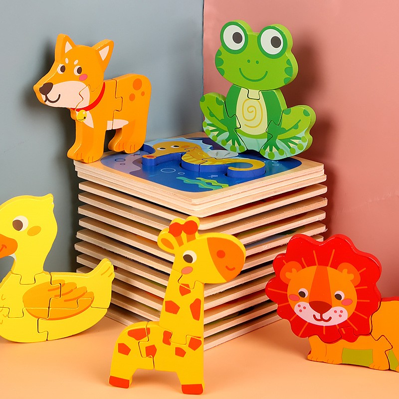Puzzle Montessori din Lemn pentru Copii, Flippy, 3D, 0-3 Ani, Model Catel, Educativ, Intuitiv, Creativ, 3 Piese,