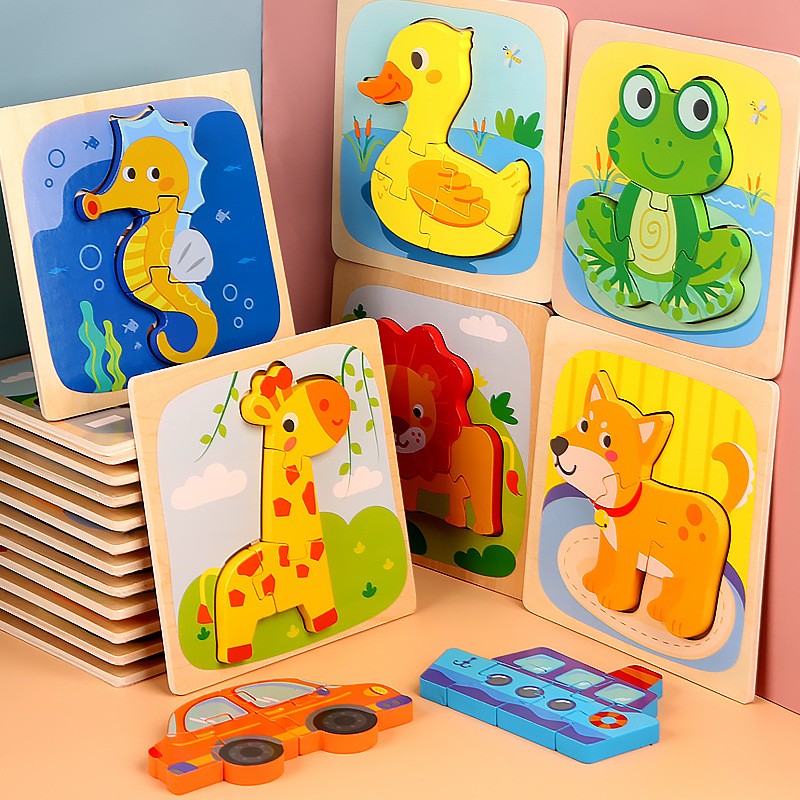 Puzzle Montessori din Lemn pentru Copii, Flippy, 3D, 0-3 Ani, Model Catel, Educativ, Intuitiv, Creativ, 3 Piese,