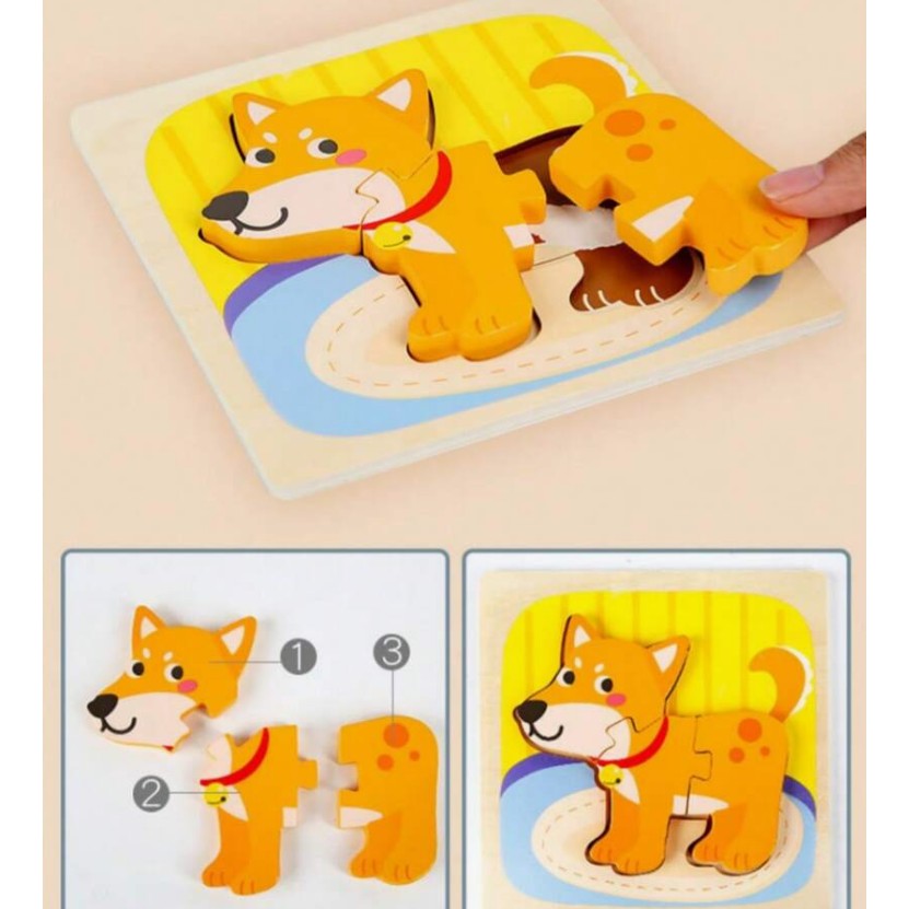 Puzzle Montessori din Lemn pentru Copii, Flippy, 3D, 0-3 Ani, Model Catel, Educativ, Intuitiv, Creativ, 3 Piese,