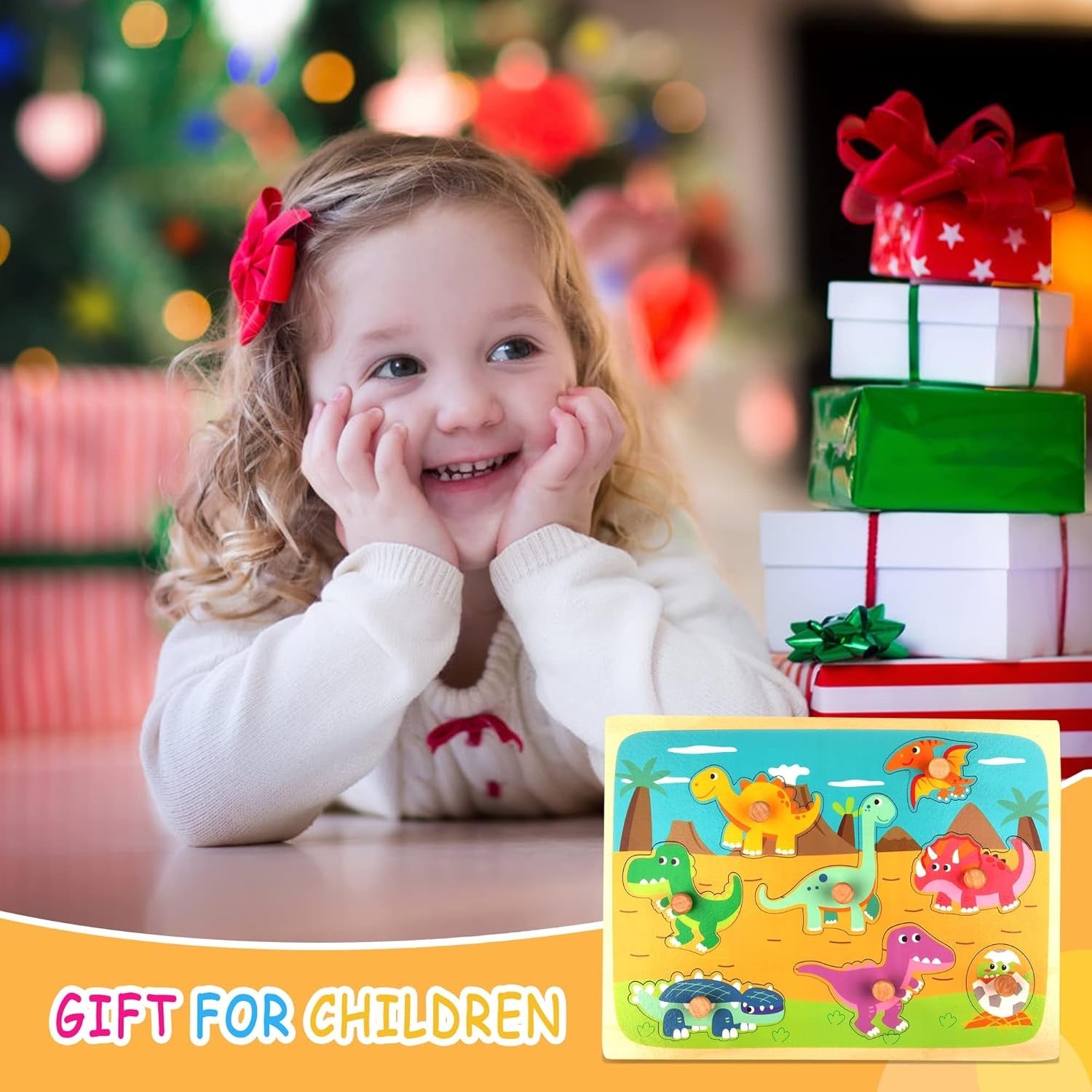 Puzzle Montessori din Lemn pentru Copii, Flippy, 3D, 0-3 Ani, Model Dinozauri, Educativ, Intuitiv, Creativ, 8 Piese,