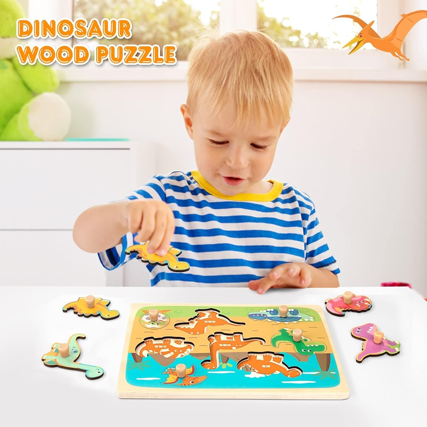 Puzzle Montessori din Lemn pentru Copii, Flippy, 3D, 0-3 Ani, Model Dinozauri, Educativ, Intuitiv, Creativ, 8 Piese,