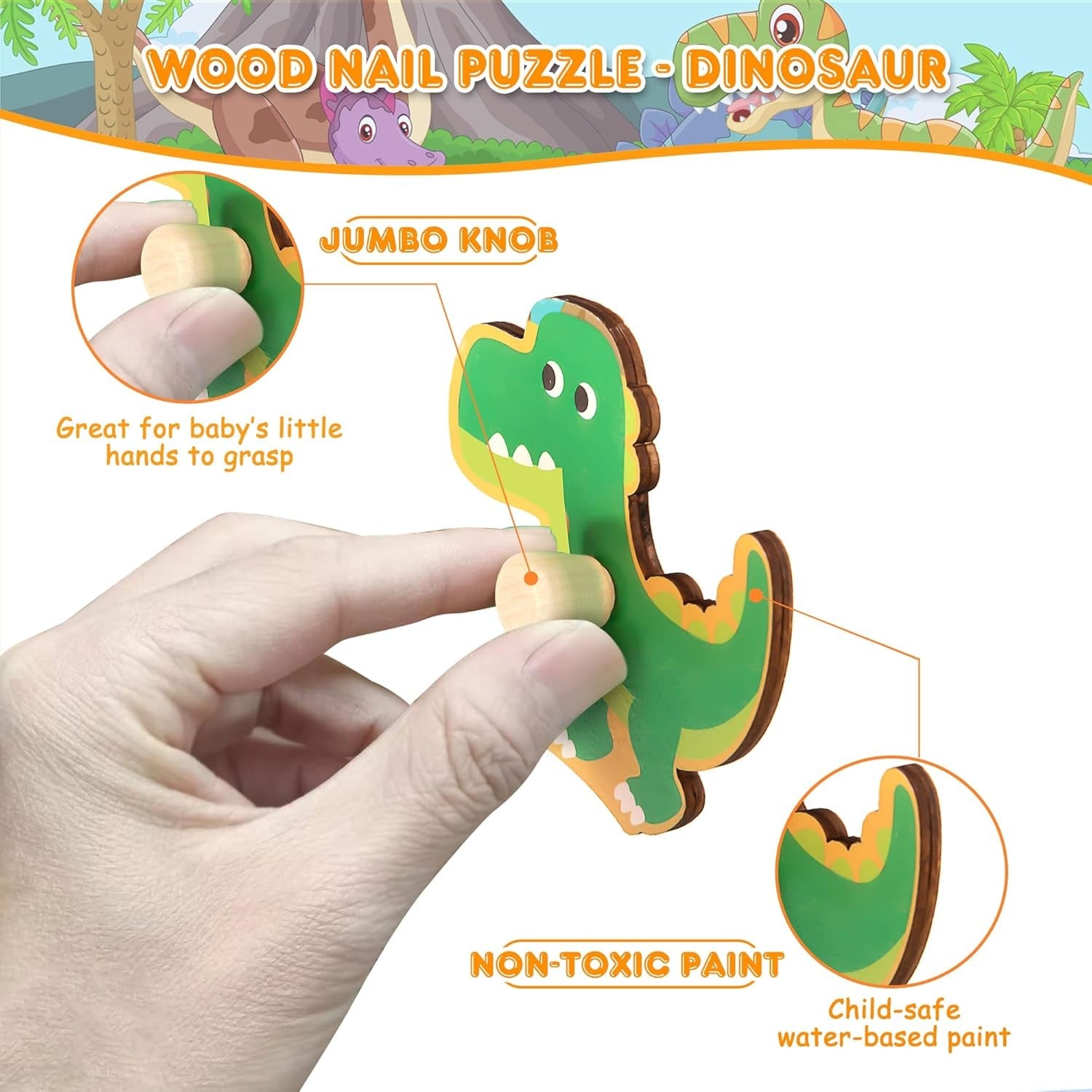 Puzzle Montessori din Lemn pentru Copii, Flippy, 3D, 0-3 Ani, Model Dinozauri, Educativ, Intuitiv, Creativ, 8 Piese,