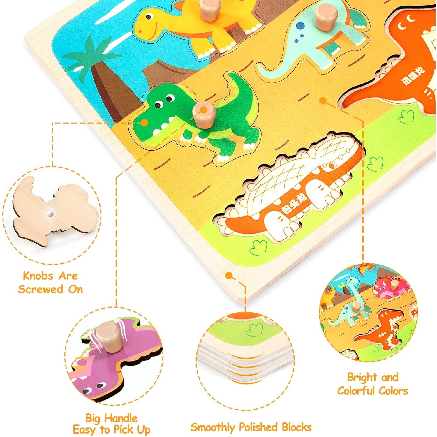 Puzzle Montessori din Lemn pentru Copii, Flippy, 3D, 0-3 Ani, Model Dinozauri, Educativ, Intuitiv, Creativ, 8 Piese,