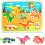 Puzzle Montessori din Lemn pentru Copii, Flippy, 3D, 0-3 Ani, Model Dinozauri, Educativ, Intuitiv, Creativ, 8 Piese,