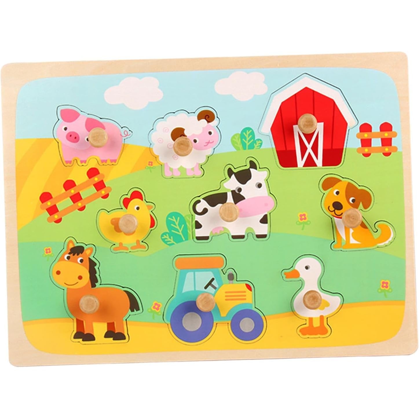 Puzzle Montessori din Lemn pentru Copii, Flippy, 3D, 0-3 Ani, Model Ferma, Educativ, Intuitiv, Creativ, 9 Piese,