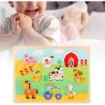 Puzzle Montessori din Lemn pentru Copii, Flippy, 3D, 0-3 Ani, Model Ferma, Educativ, Intuitiv, Creativ, 9 Piese,