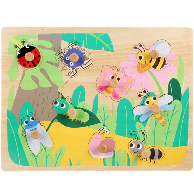 Puzzle Montessori din Lemn pentru Copii, Flippy, 3D, 0-3 Ani, Model Insecte, Educativ, Intuitiv, Creativ, 9 Piese,