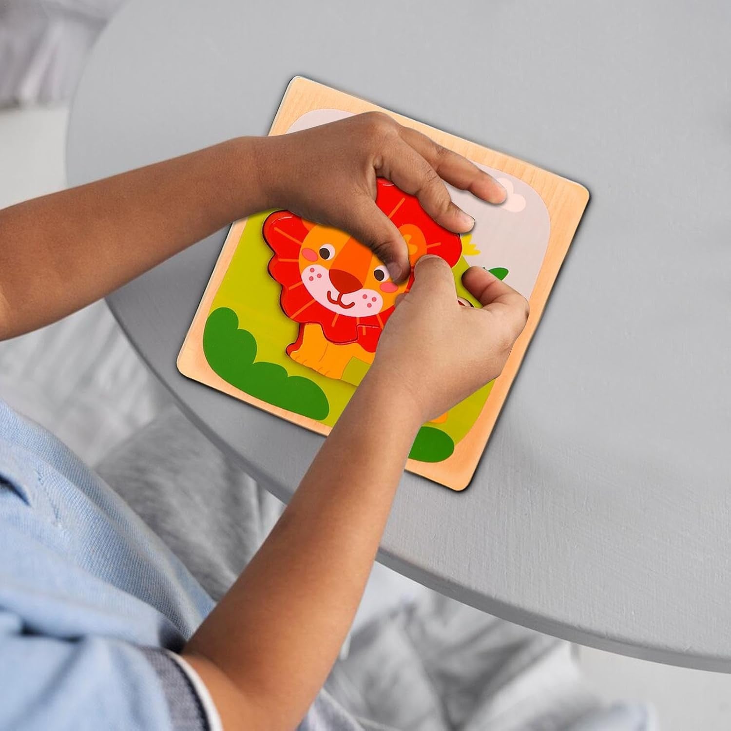 Puzzle Montessori din Lemn pentru Copii, Flippy, 3D, 0-3 Ani, Model Leu, Educativ, Intuitiv, Creativ, 3 Piese,