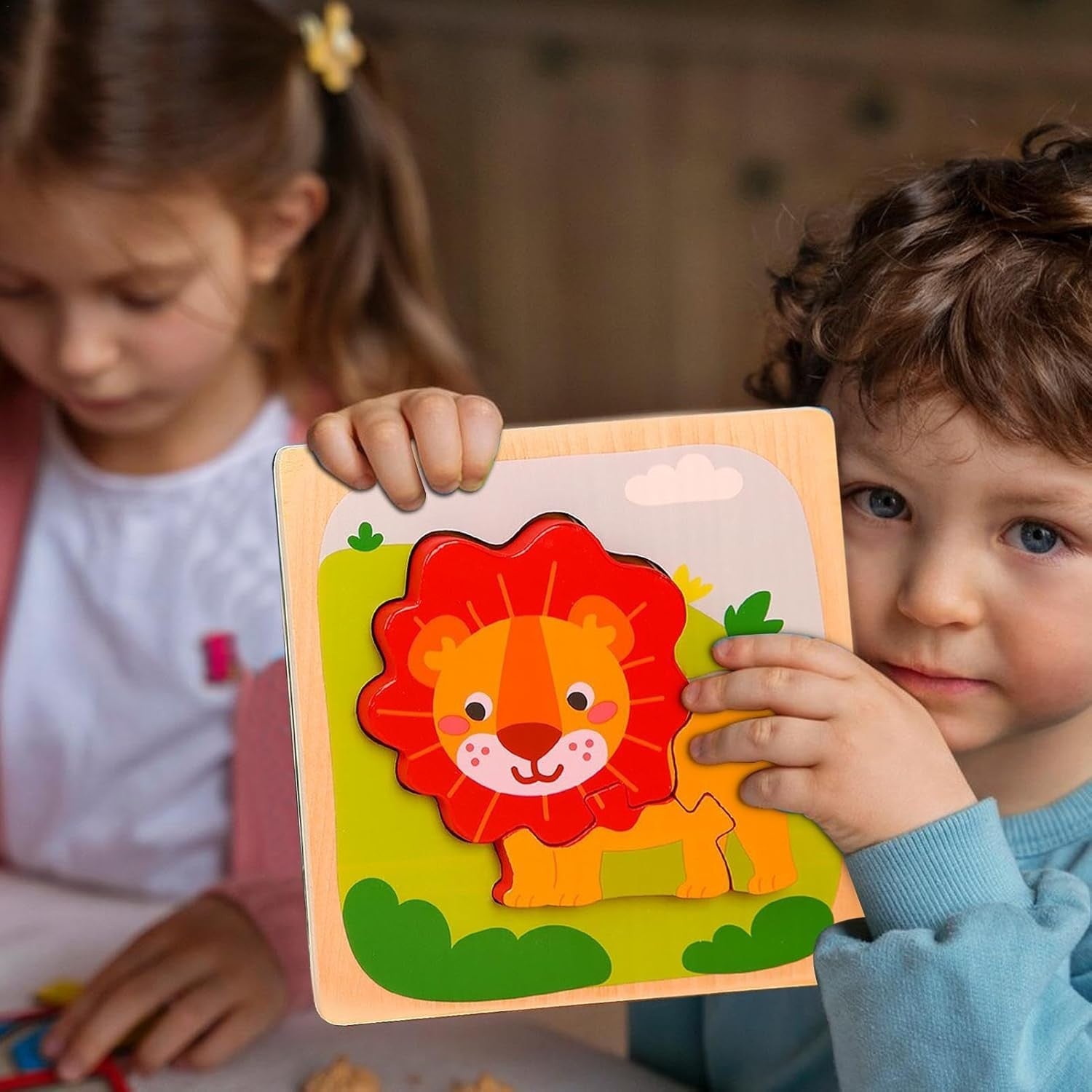 Puzzle Montessori din Lemn pentru Copii, Flippy, 3D, 0-3 Ani, Model Leu, Educativ, Intuitiv, Creativ, 3 Piese,